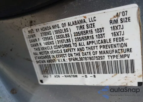 2007 Honda Odyssey Ex-L z USA, uszkodzony, nr VIN 5FNRL38787B075297